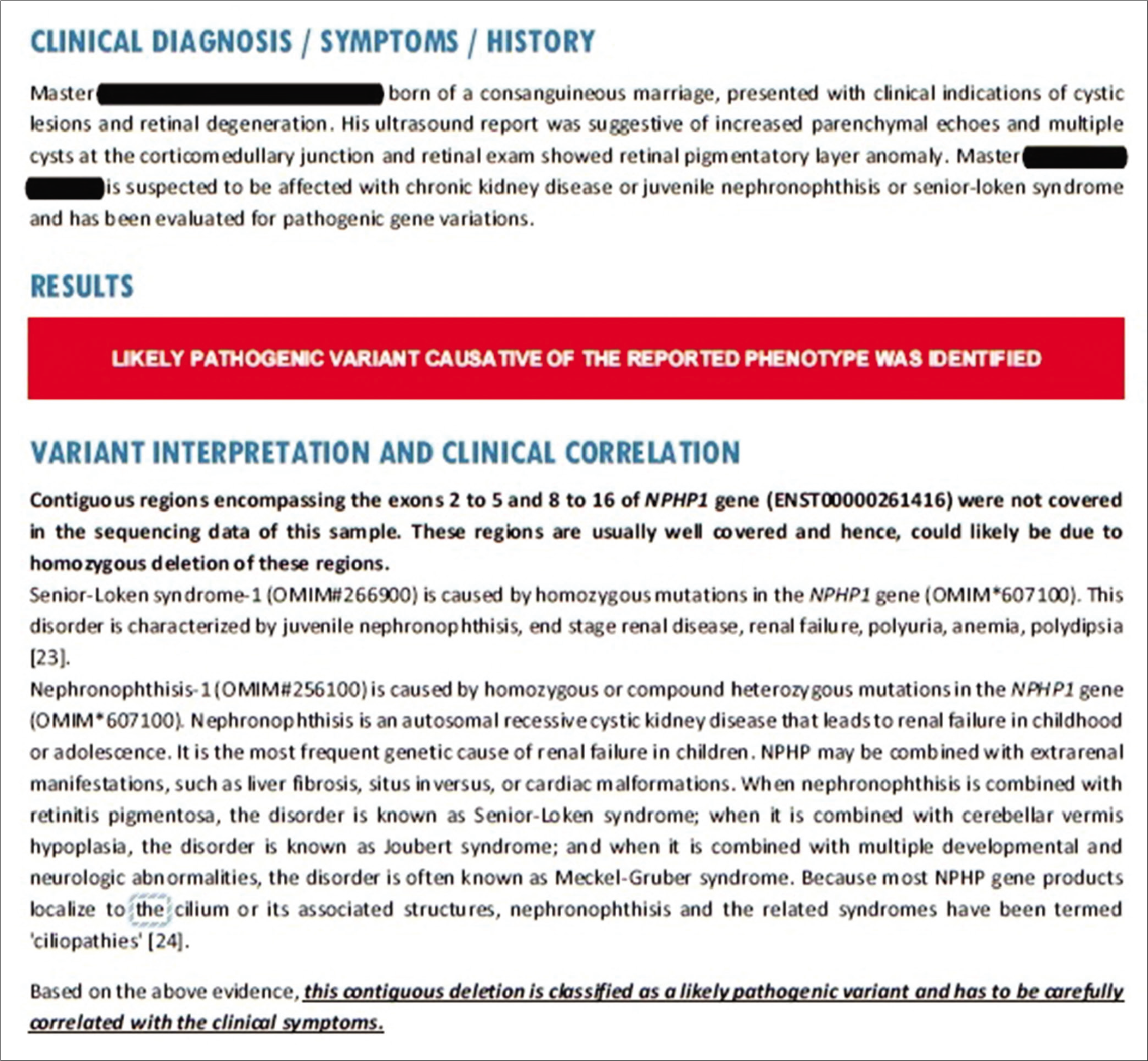 The genetic report confirming the diagnosis.