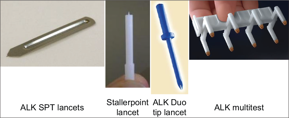 Picture depicting different lancets available for skin prick testing.[8]